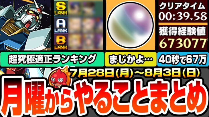 【モンスト】月曜からやることまとめ※超チャンス※1.5倍で周回すべき守護獣！超究極シュウジ＆ガンダム適正ランキング！40秒で経験値67万！周回すべき降臨まとめ【ジークアクスコラボ】へっぽこストライカー